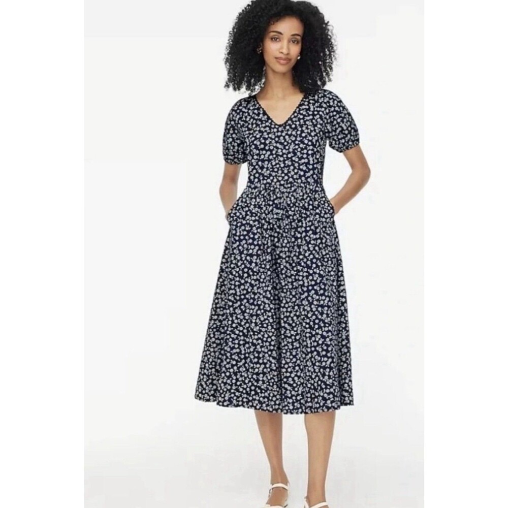 J.Crew Navy Floral Printed Lace-Trim Midi Dress Short Puff Sleeve 8 Pockets Blue